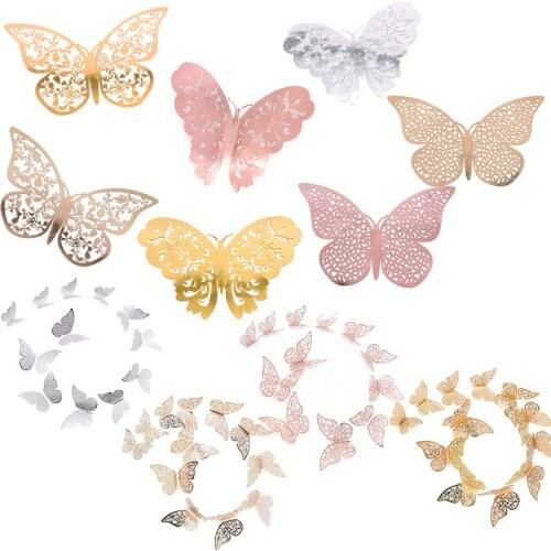 12pcs 3D Butterfly Wall Stickers 3 Sizes Silver Gold Hollow Paper Decals Party Wedding Hanging Decorative Sticker Home Supplies