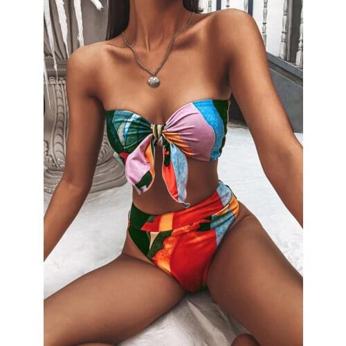 2021 New High Waist Bikini Set Print Tie Swimwear Women Swimsuit Hollow Out Bathing Suit Beachwear Biquini Female