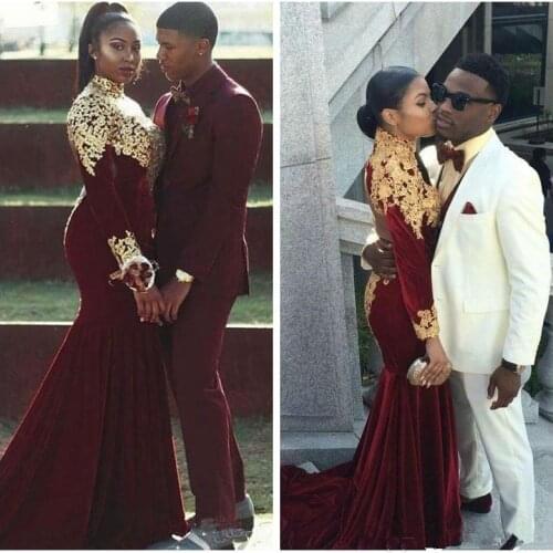 Long Sleeves High Neck With Gold Lace Mermaid Prom Dresses Sexy Open Back Evening Dress 2020 Slim Special Occasion Party Gowns