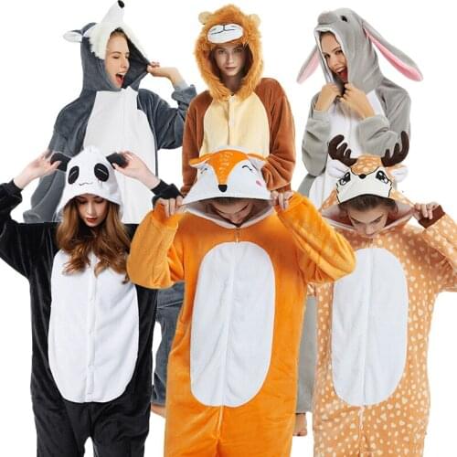 Kigurumi Adults Animal Pajamas Unicorn Unisex Onesies Pajamas Overalls Cartoon Fox Panda Pyjamas Winter Warm Flannel Sleepwear