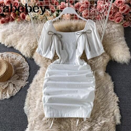 Women Solid Bow Dress Retro Square Collar Puff Sleeve Ruched Slim Pencil Dress Summer Boho Beach Short Dress