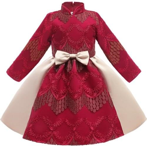3-10T Children Baby Girls New Year dress Fashion Red Chinese style cheongsam Chinese Style Lace Princess Dress
