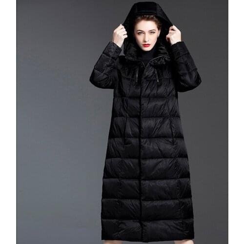 Mid-length thick down jacket womens winter clothes over the knee blue high waist large size hooded loose