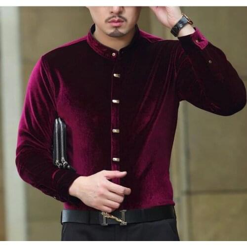 Top Fashion Trendy Luxury Mens Silk Shirts Formal Stand Collar Black Red Blue Velvet Shirt Dress Shirts Slim Fit Drop Shipping