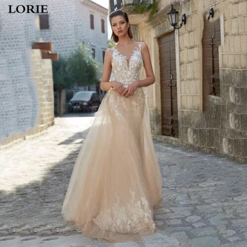 LORIE Champagne 2 Pieces Mermaid Wedding Dress Appliqued 3D Lace Bride Dresses Open Back Corset Wedding Party GOWNS
