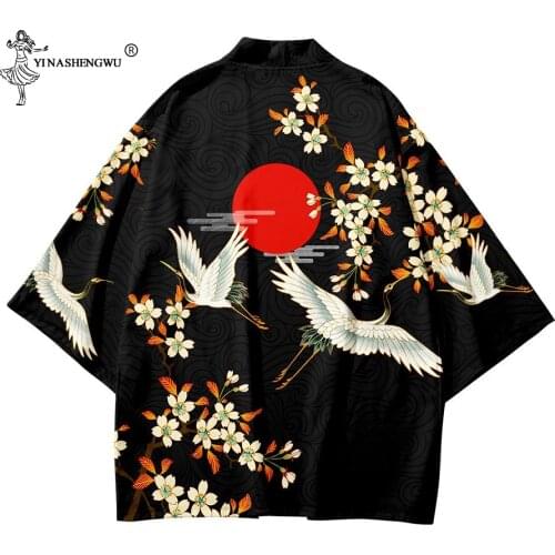 Japanese Kimono Yukata Coat Samurai Men Women Harajuku Shirt Haori Cardigan Asian Anime Clothing Top Girls Print Japan Crane