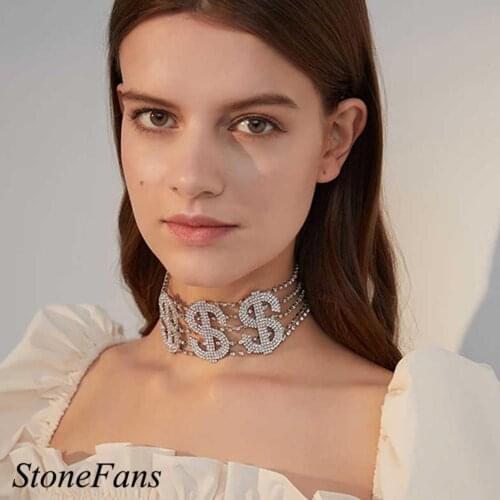 Stonefans Luxury Large Rhinestone Dollar Choker Chain Necklace for Women Fashion Crystal Money Statement Necklace Jewelry Gift