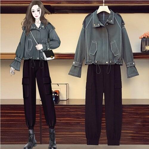2021 spring new large size 4xl women casual suit Korean version loose thin drawstring denim short jacket overalls two-piece n29