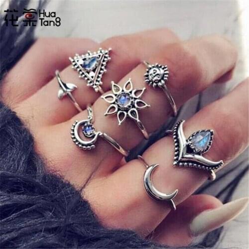 HuaTang Geometric Blue Crystal Ring Sets for Women Girl Moon Star Fishtail Ring Knuckle Anillos Anel Rings Jewelry 6756