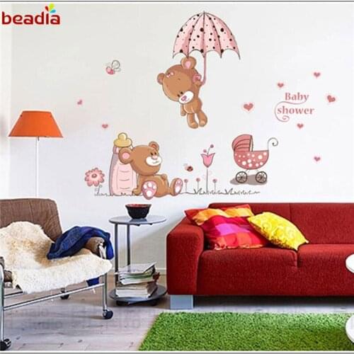 1pcs Cartoon Pink Cat Rabbit Flower Wall Sticker For Baby Kids Bedrooms Home Decor Teddy Bear Umbrella Classroom Wall Decoration