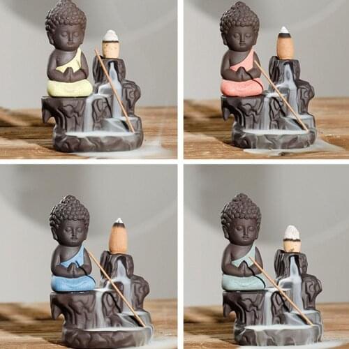 10Pcs Incense Cones+Burner Little Monk Design Ceramic Buddha Incense Censer Backflow Burner Cones Home Teahouse Table Decoration