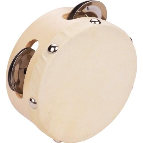4 Inch Hand Tambourine with Metal Single Row Jingles Sheepskin Drum Skin Wooden Tambourines Entertainment Musical Timbrel