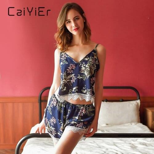 CAIYIER Summer Sexy Lingerie Floral Pajamas Set V-Neck Sleeveless Nightwear Silk Satin Top Cami Lace Shorts Ladies Loungewear