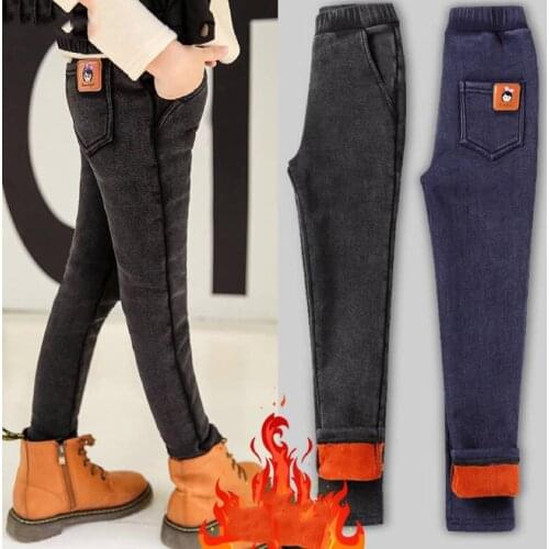 New Teenage Children Girls Jeans 2019 Warm Fashion Elastic Waist Pants Kids Thicken Jeans For Girls Trousers Blue/Black Color
