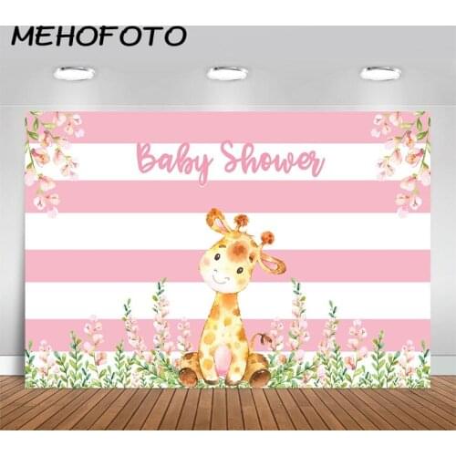MEHOFOTO Giraffe Baby Shower Backdrop Pink Flower Giraffe Photography Background Pink Stripe Party Banner Backdrops Photobooth