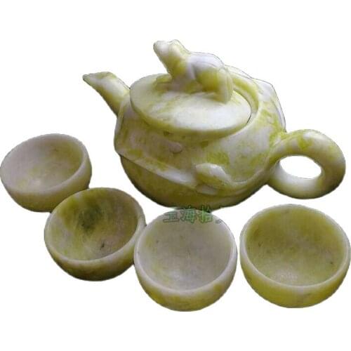 China handmade jade carving natural stone jade teapot and tea cup A set