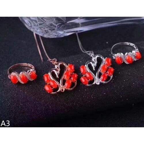 KJJEAXCMY Boutique jewels 925 pure silver inlaid natural red coral female pendant pendant ring 2 sets of gold silver