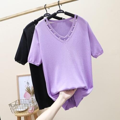 Korean Style Loose Sweater Women Pullover Casual V neck short Sleeve Oversized beading Knit Sweater Female Jumpers Split solid