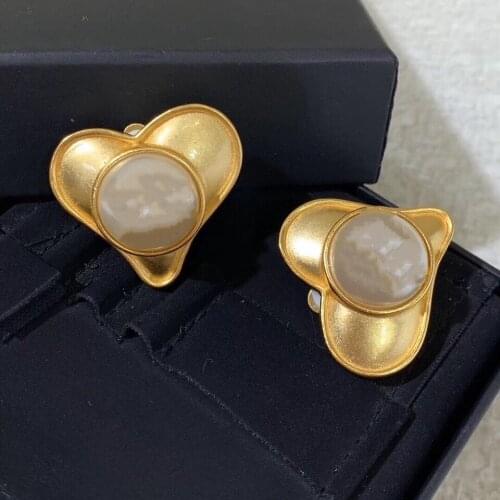 Fashion vintage gold color heart pearl clip Earrings signature name famous brand Party Women Jewelry