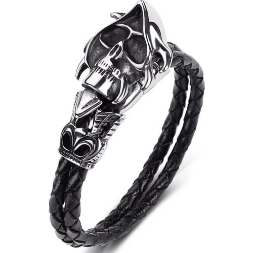 Fashion Stainless Steel Braided Leather Skull Bracelet Men Punk Hip Hop Skeleton Jewelry Male Bangles Gothic Wristband Gift P535