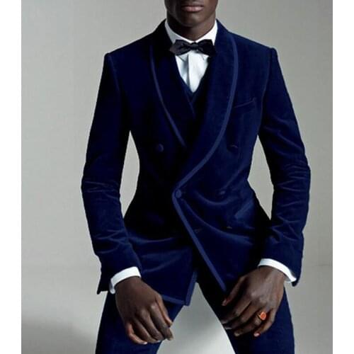 Ink Velvet Slim Fit Men Suits with Double Breasted Prom Wedding Tuxedos 2019 Fall 3 Piece Male Set Suit Jacket Vest Pants