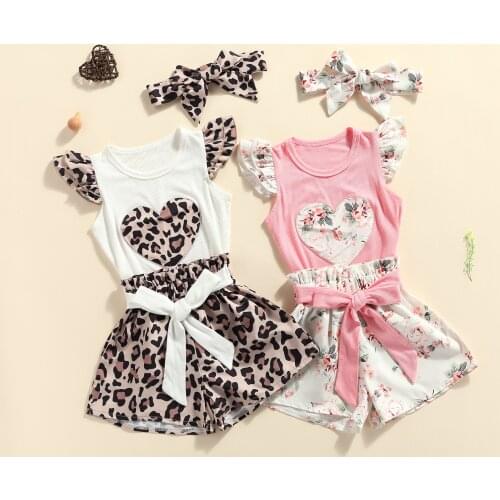 Three Piece Baby Girl’s Clothes Fresh Heart Fly Sleeve Romper and Flower/Leopard Shorts with Headband