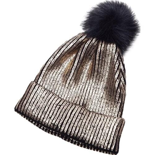 Girl Autumn Winter Soft Crochet Cute Cap Fashion Hair Ball Warm Knittted Metallic Shiny Windproof Solid Color Womens Hat TG0181