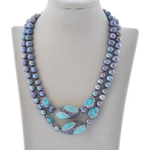 MCT·STAR Z10503 38" 30mm Black Round Pearl Turquoise Shuttle CZ Necklace