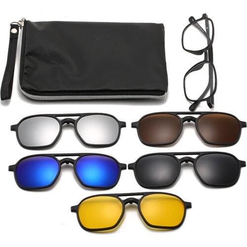 6 in 1 Clip On Sunglasses with Rectangle Polarized Night Vision Mirror Flat Magnetic Lens Clips Optical Myopia Prescription