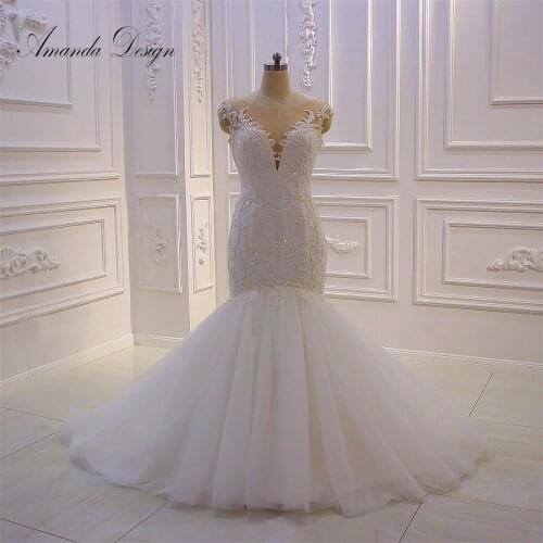 Amanda Design vestido novia playa Cap Sleeve Lace Appliqued Pearls Mermaid Wedding Dress