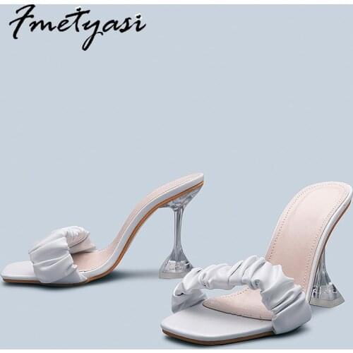 Strange Style Women Pumps High Heels Sexy 2021 Pleated Wine Glasses Square Open Toe Slippers Slip On Slides Summers Beach Shoes