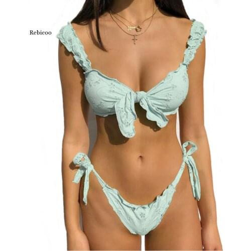 Women Sexy Bikini Sets Solid Color Ruffled Swimwear Bathing Suits 2 Piece Split Push Up Bandage Beachwear Mujer Thong Biquini