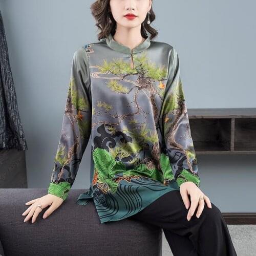 Women Large Size Spring Summer Shirts Clan Style Casual Elegant Blouses Print Stand-Up Collar Loose Blusas Fashion TopS MM0554