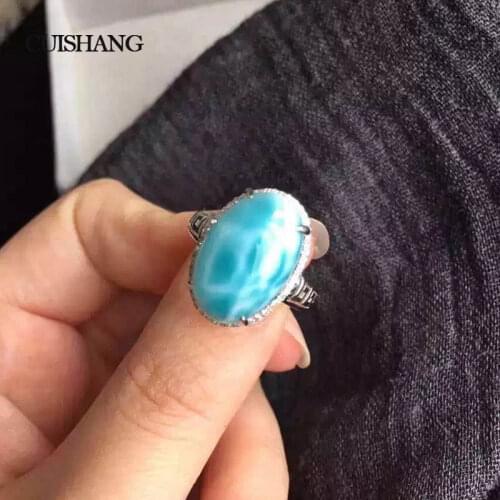 CSJ Larimar Rings Real 925 Sterling Silver Natural Blue Caribbean Larimar Wedding Engagement Bands for Women Ladies Girls Gift