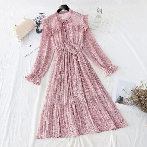 Women springtime new styleDress Korean Style Vintage Floral Chiffn Dress Long Sleeve BowTemperament self-cultivation Dress
