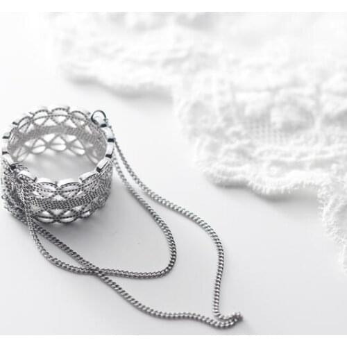 100% Authentic REAL.925 Sterling Silver Fine Jewelry Lace Hollow PATTERN with chain tassel Long Ring Wider GTLJ1453