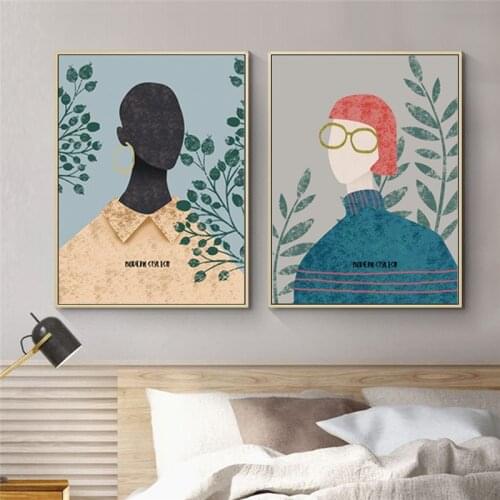 Abstract Fashion Vintage Girl Wall Art Poster Nordic Plants Leaves Canvas Painting Print Pictures Aesthetic Living Room Decor