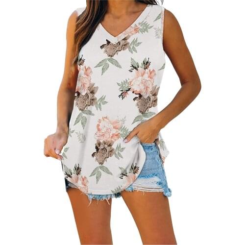 Flower White Tops For Female Blusas Feminina 2021womens Casual V-neck Off Shoulder Sleeveless Loose Floral Printed Shirt Top