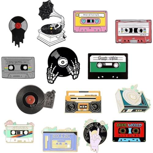 Music Lovers Enamel Pins Tape Cassette DJ Vinyl Record Player Badge Brooches Lapel Pin punk Jewelry Gift for Friends Wholesale