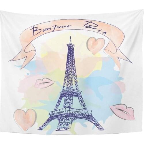 Red Artistic Bonjour Paris Lettering and Eiffer Tower Modern Calligraphy Brush Ink Design Flyers City Home Decor Tapestry Wall