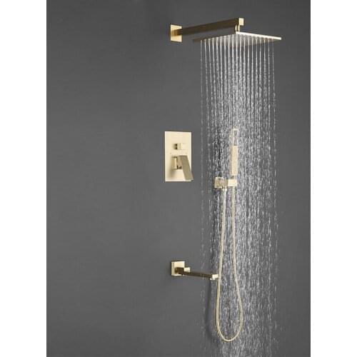 Brushed Gold Brass Bathroom Shower Faucet Set Wall-mounted Rain Shower Concealed Mixer Concealed Shower Faucet Set