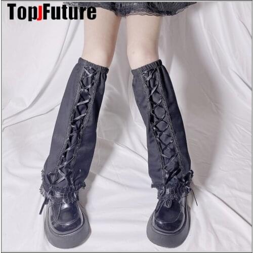 Summer Autumn Harajuku Punk Black Plush Lace Up Leg Warm Socks Women Winter Warmer Foot Cover Streetwear Leg warmers
