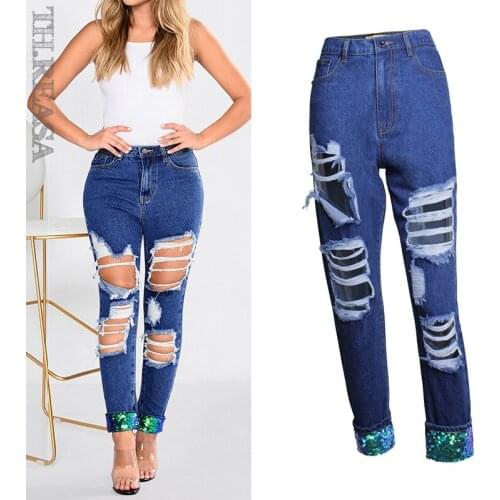 New Womens Jeans Pants Sequined Straight Cylinder Beggars Big Hole Jeans Loose Pants