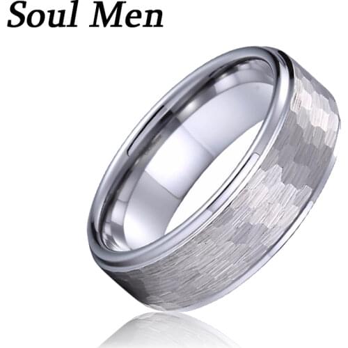 8mm Silver Color Wedding Band for Cool Man Tungsten Carbide Ring with Hammer Faceted Center Step Edges Finish Size 8 to 13