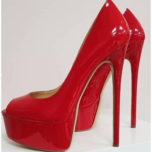 Sexy Red Patent Leather Platform Pumps Shoes Women Super High Thin Heeled Banquet Dress Shoes Plus Size 10