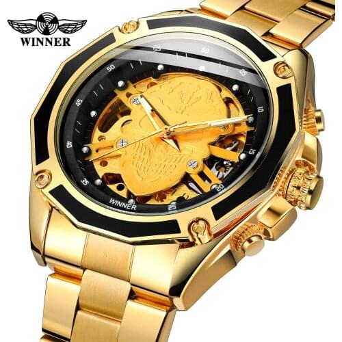Winner Top Brand Dial Skull Skeleton Wristwatch For Men Self-winding Movement High-end Luxury Full Steel & Leather Band Watches