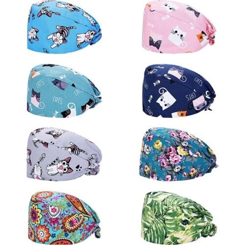 Print Cap For Long Hair Cotton Adjustable Beauty Cap Beautician Cap Pet Grooming Agency Work Hat Frosted Cap