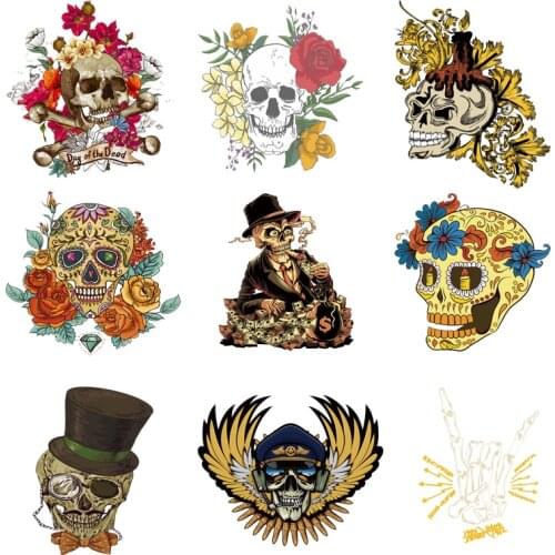 Iron-on Transfers for Clothing Thermo Stickers Diy Punk Skull Appliques for Jackets Pvc Patch Fusible Stripe Rock Appliques C