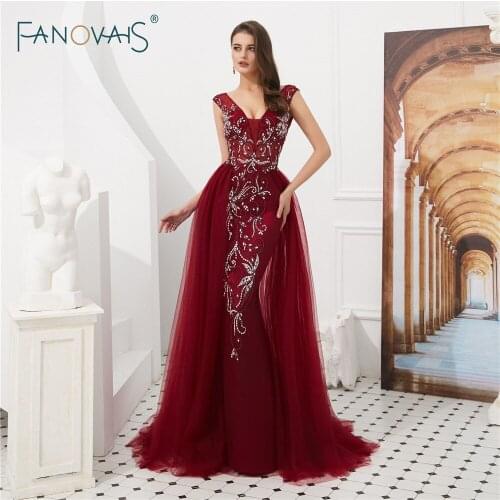 2 Color Burgundy Evening Dresses Long Luxury Prom Dress 2019 Tulle V-Neck Mermaid Evening Gown Beaded Crystal Robe de Soiree NS2