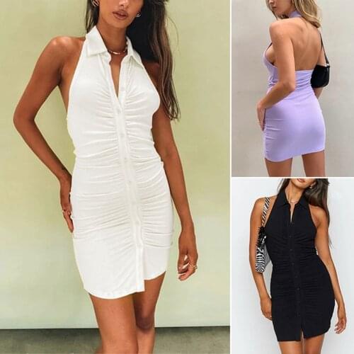 Knitted Dress Sexy Backless Sleeveless Button Down Halter Mini Dress Classy Vacation Club Outfits
